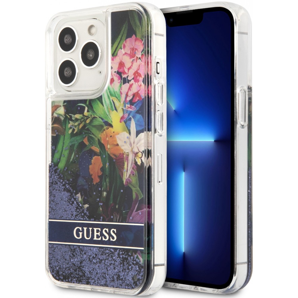 iPhone 13 Pro Case Hülle - Guess Flüssigkeit mit schwebenden blauen Pailletten und tropischen Blumen Hintergrund