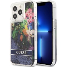 iPhone 13 Pro Case Hülle - Guess Flüssigkeit mit schwebenden blauen Pailletten und tropischen Blumen Hintergrund