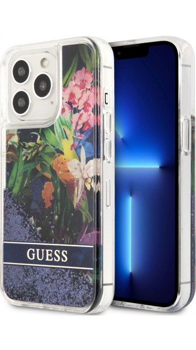 Coque iPhone 13 Pro - Guess liquide avec paillettes bleues flottantes et fond fleurs tropicales