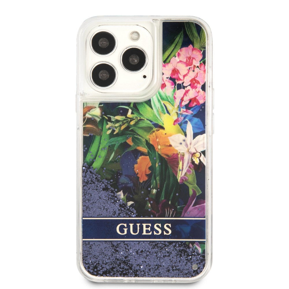 iPhone 13 Pro Case Hülle - Guess Flüssigkeit mit schwebenden blauen Pailletten und tropischen Blumen Hintergrund