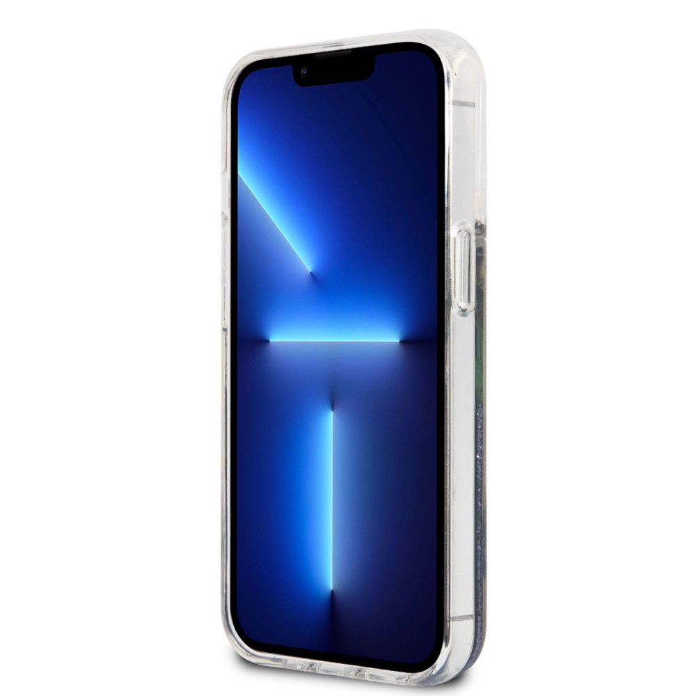 iPhone 13 Pro Case Hülle - Guess Flüssigkeit mit schwebenden blauen Pailletten und tropischen Blumen Hintergrund