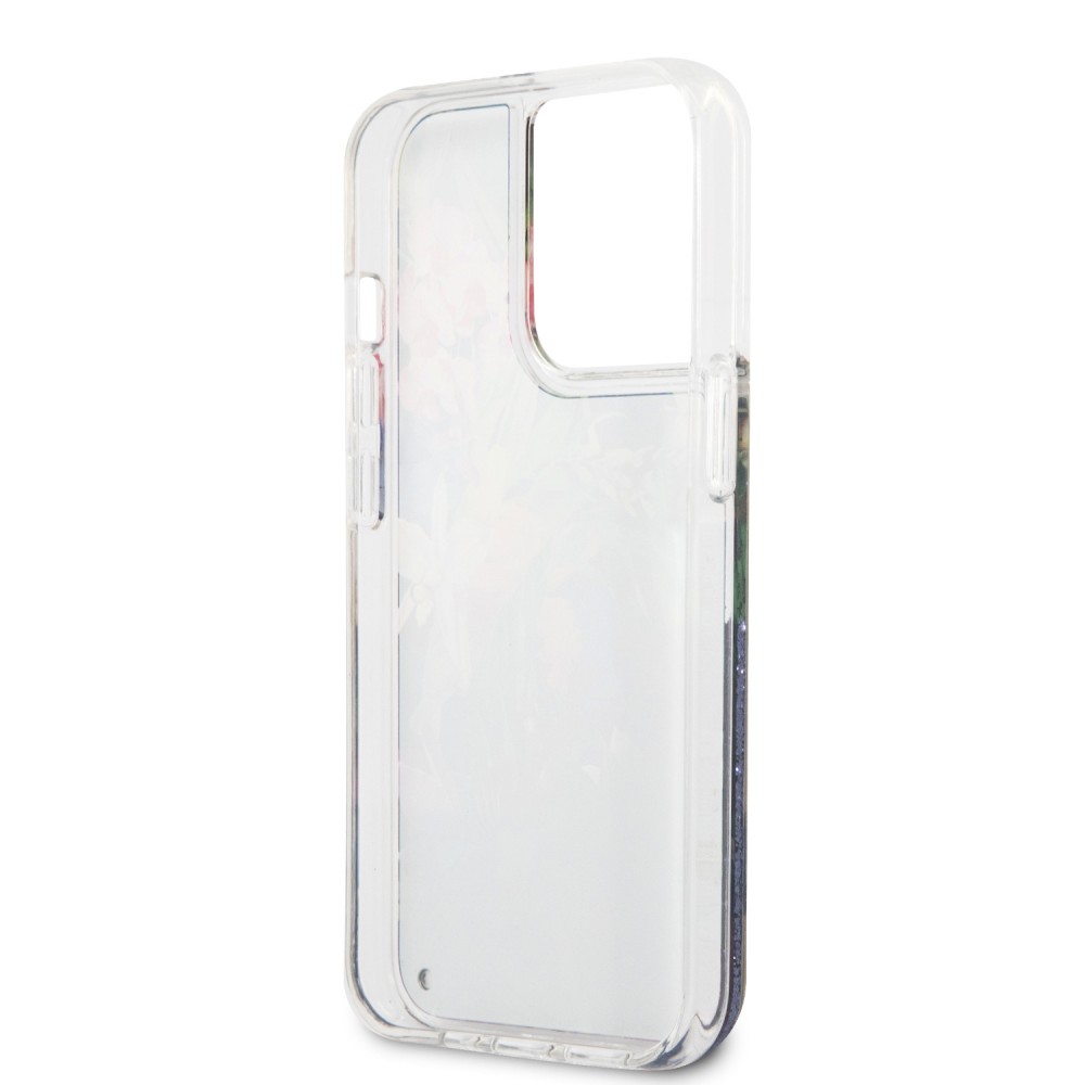 iPhone 13 Pro Case Hülle - Guess Flüssigkeit mit schwebenden blauen Pailletten und tropischen Blumen Hintergrund