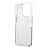 iPhone 13 Pro Case Hülle - Guess Flüssigkeit mit schwebenden blauen Pailletten und tropischen Blumen Hintergrund