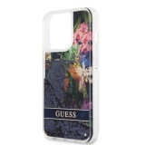 iPhone 13 Pro Case Hülle - Guess Flüssigkeit mit schwebenden blauen Pailletten und tropischen Blumen Hintergrund