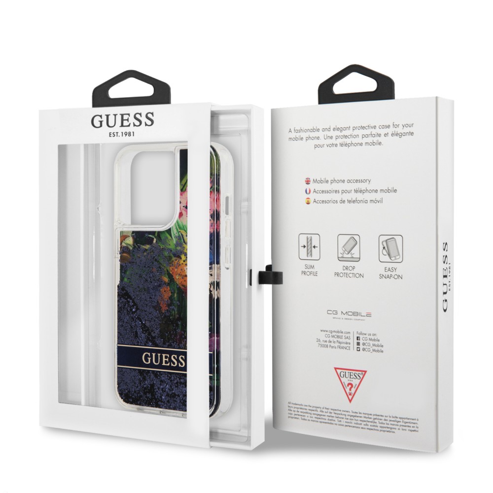 iPhone 13 Pro Case Hülle - Guess Flüssigkeit mit schwebenden blauen Pailletten und tropischen Blumen Hintergrund