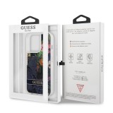 iPhone 13 Pro Case Hülle - Guess Flüssigkeit mit schwebenden blauen Pailletten und tropischen Blumen Hintergrund