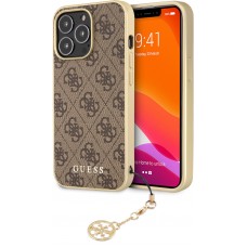 iPhone 13 Pro Case Hülle - Guess Leinwand Kunstleder Monogramm goldenen Metall-Logo mit Charm Anhänger - Braun / gold