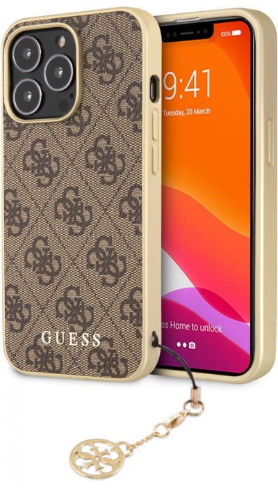 Coque iPhone 12 Pro Max - Guess toile similicuir monogramme logo métallique doré avec pendentif charm - Brun / or