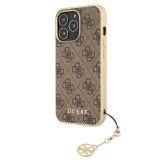 Coque iPhone 13 Pro - Guess toile similicuir monogramme logo métallique doré avec pendentif charm - Brun / or
