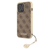 iPhone 12 Pro Max Case Hülle - Guess Leinwand Kunstleder Monogramm goldenen Metall-Logo mit Charm Anhänger - Braun / gold