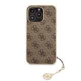 Coque iPhone 11 - Guess toile similicuir monogramme logo métallique doré avec pendentif charm - Brun / or