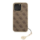 iPhone 12 Pro Max Case Hülle - Guess Leinwand Kunstleder Monogramm goldenen Metall-Logo mit Charm Anhänger - Braun / gold