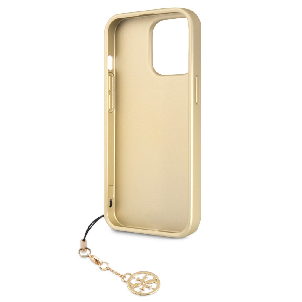 iPhone 12 Pro Max Case Hülle - Guess Leinwand Kunstleder Monogramm goldenen Metall-Logo mit Charm Anhänger - Braun / gold