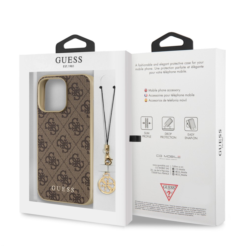 Coque iPhone 11 - Guess toile similicuir monogramme logo métallique doré avec pendentif charm - Brun / or