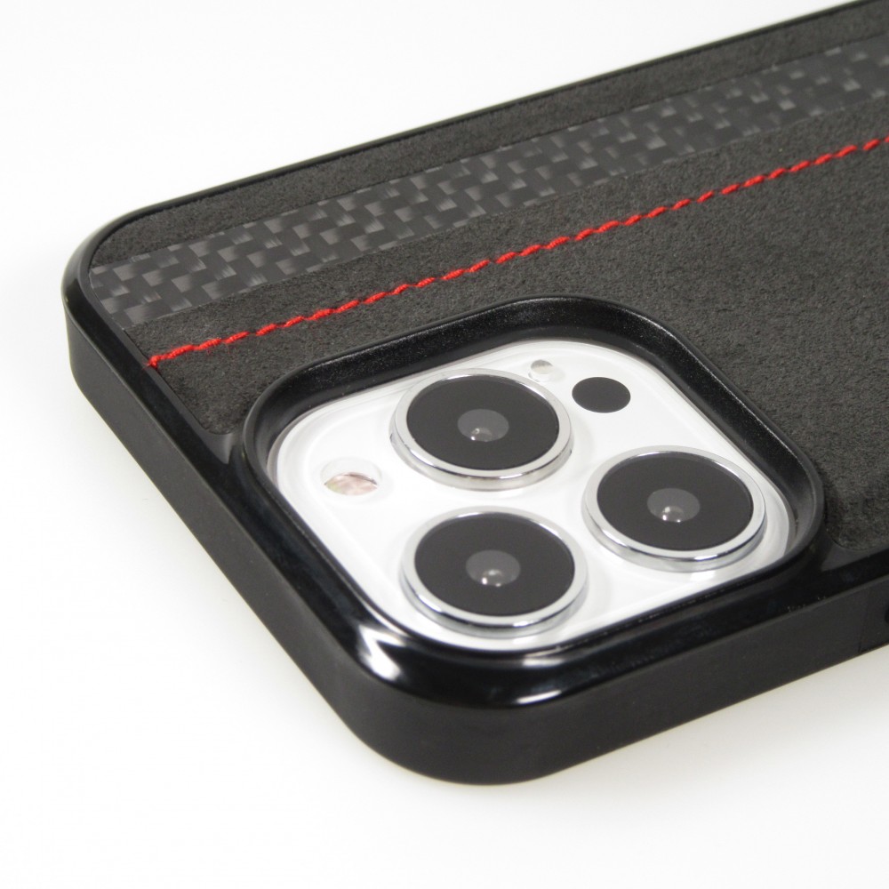 Samsung Galaxy S24 Case Hülle - Carbomile Alcantara und Carbon mit roten Nähten (MagSafe kompatibel)
