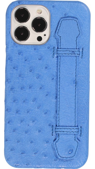 iPhone 13 Pro Max Case Hülle - Echtes Straußenleder mit Halteriemen - Blau