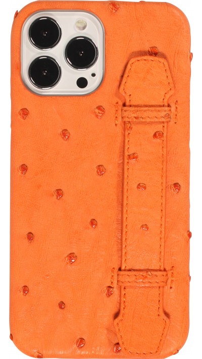 Coque iPhone 13 Pro Max - Cuir d'autruche véritable avec lanière strap de soutien - Orange