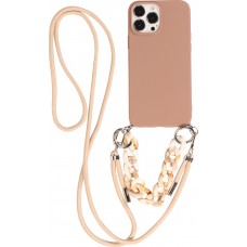 Coque iPhone 13 Pro Max - Gel silicone avec corde collier & chaîne de pierre décorative - Brun