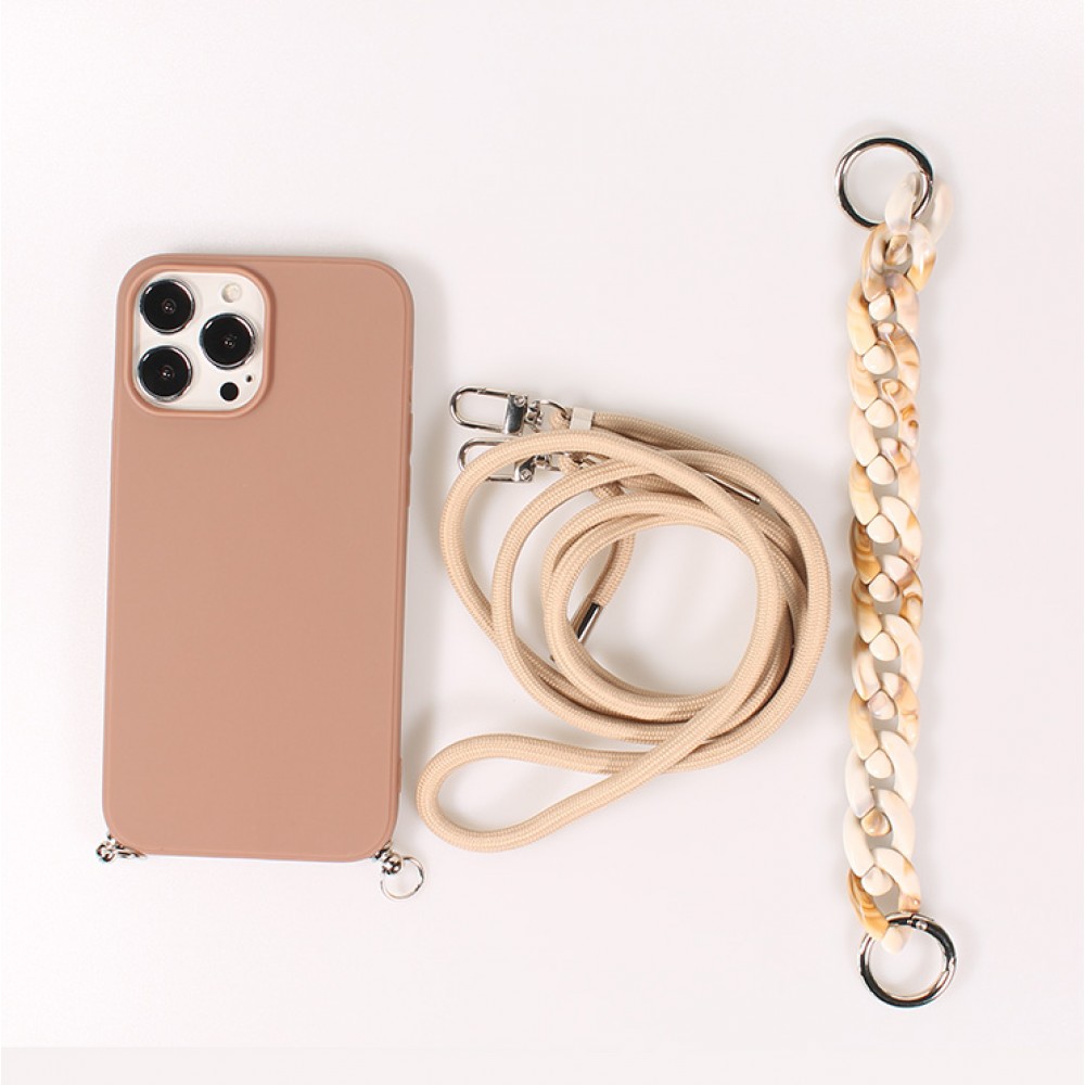 Coque iPhone 13 Pro Max - Gel silicone avec corde collier & chaîne de pierre décorative - Brun