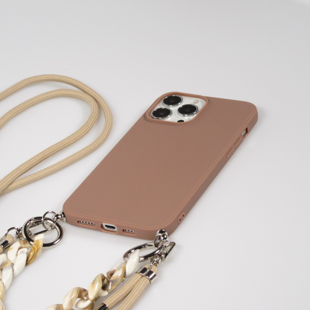 Coque iPhone 13 Pro Max - Gel silicone avec corde collier & chaîne de pierre décorative - Brun