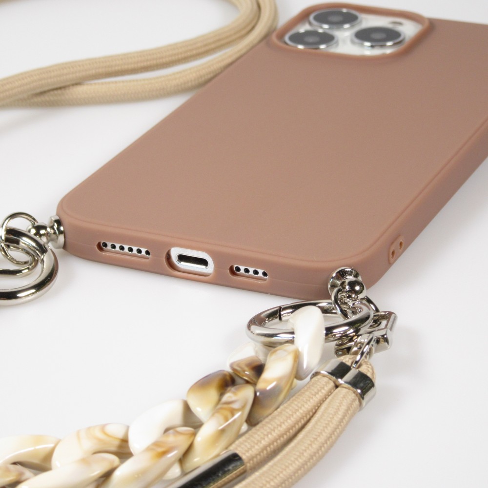 Coque iPhone 13 Pro Max - Gel silicone avec corde collier & chaîne de pierre décorative - Brun