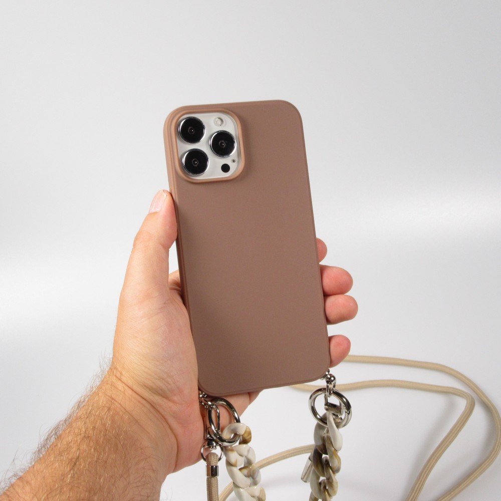 Coque iPhone 13 Pro Max - Gel silicone avec corde collier & chaîne de pierre décorative - Brun