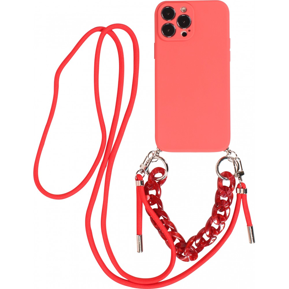 Coque iPhone 13 Pro Max - Gel silicone avec corde collier & chaîne de pierre décorative - Rouge
