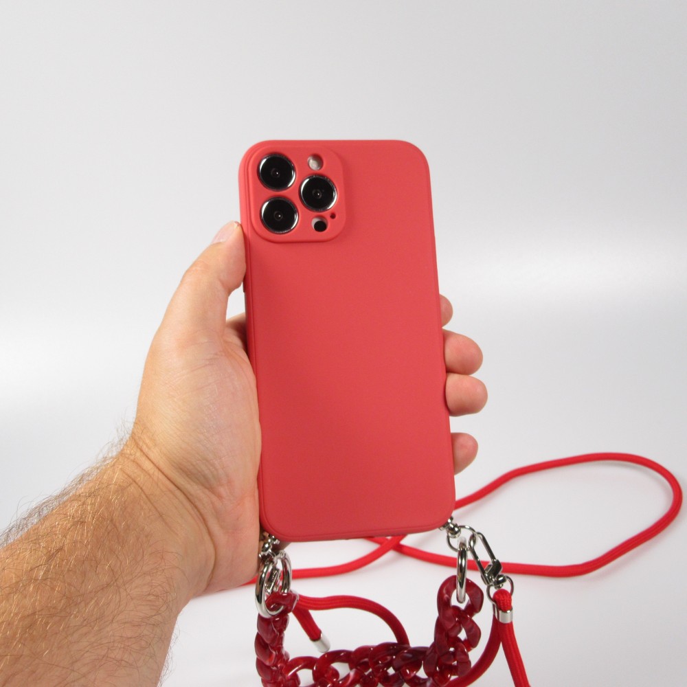 Coque iPhone 13 Pro Max - Gel silicone avec corde collier & chaîne de pierre décorative - Rouge