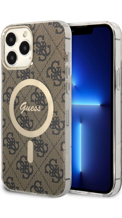 Coque iPhone 15 Pro Max - Guess monogramme laqué avec MagSafe doré - Brun