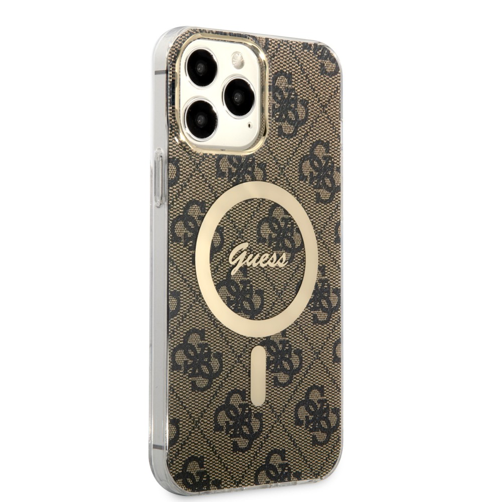 iPhone 15 Pro Max Case Hülle - Guess Monogramm lackiert mit goldenem MagSafe - Braun