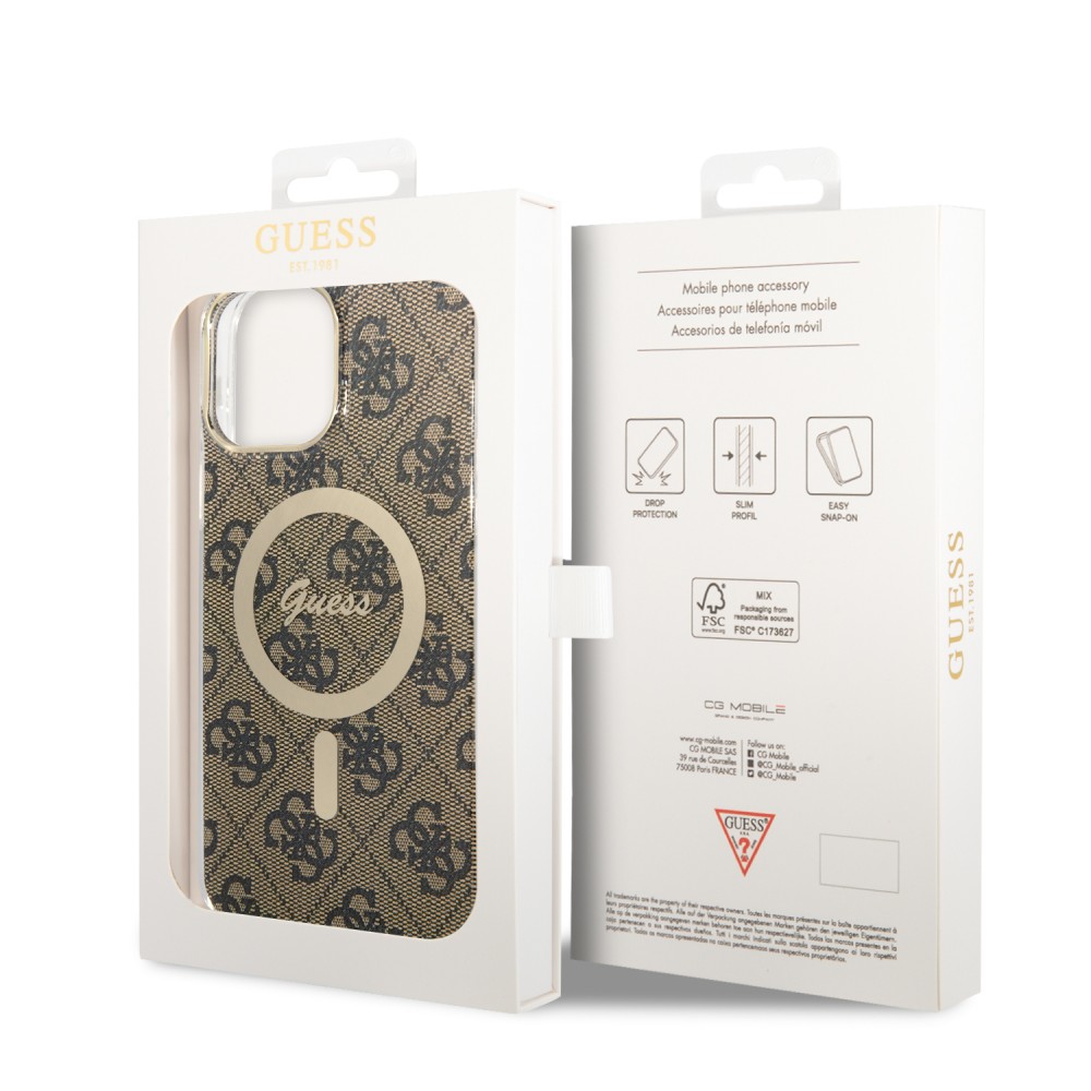 iPhone 15 Pro Max Case Hülle - Guess Monogramm lackiert mit goldenem MagSafe - Braun