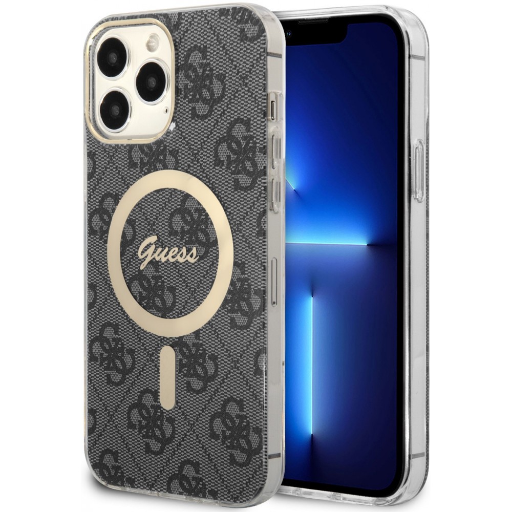 Coque iPhone 13 Pro Max - Guess monogramme laqué avec MagSafe doré - Gris