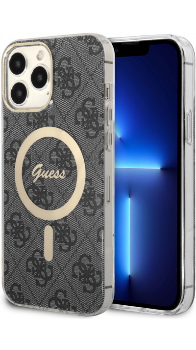 Coque iPhone 15 Pro Max - Guess monogramme laqué avec MagSafe doré - Gris