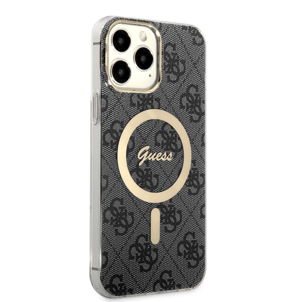 Coque iPhone 13 Pro Max - Guess monogramme laqué avec MagSafe doré - Gris