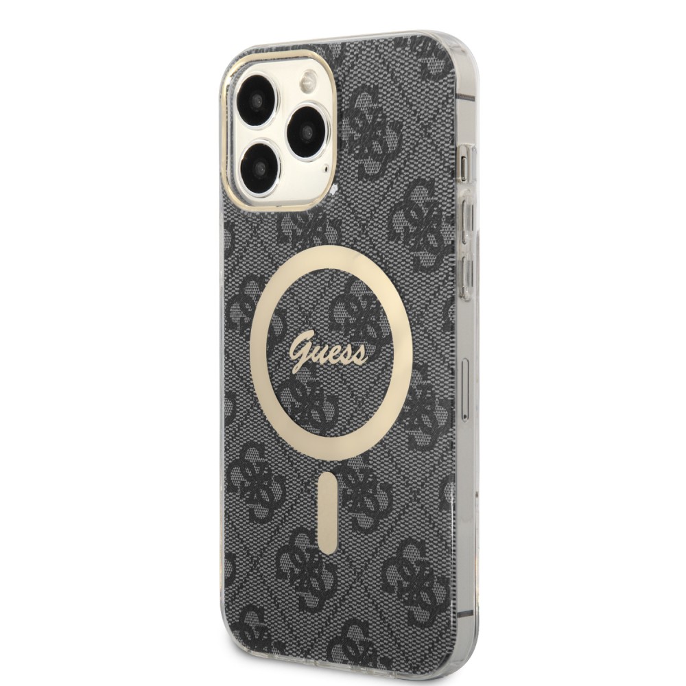 iPhone 15 Pro Case Hülle - Guess Monogramm lackiert mit goldenem MagSafe - Grau