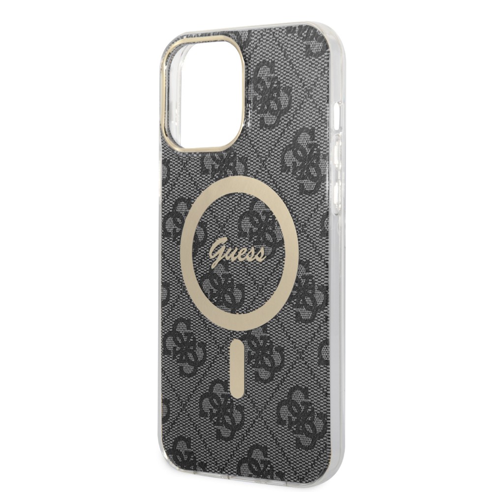 iPhone 15 Pro Case Hülle - Guess Monogramm lackiert mit goldenem MagSafe - Grau