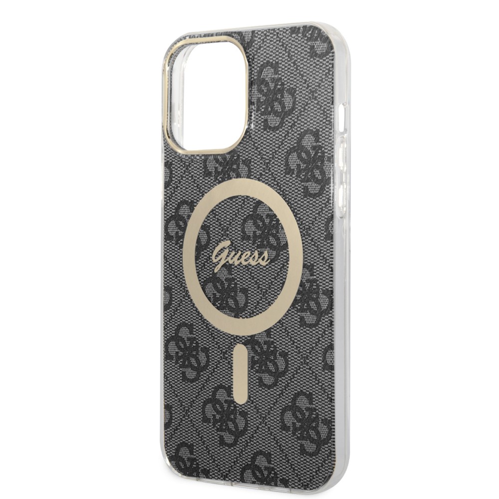 Coque iPhone 13 Pro Max - Guess monogramme laqué avec MagSafe doré - Gris