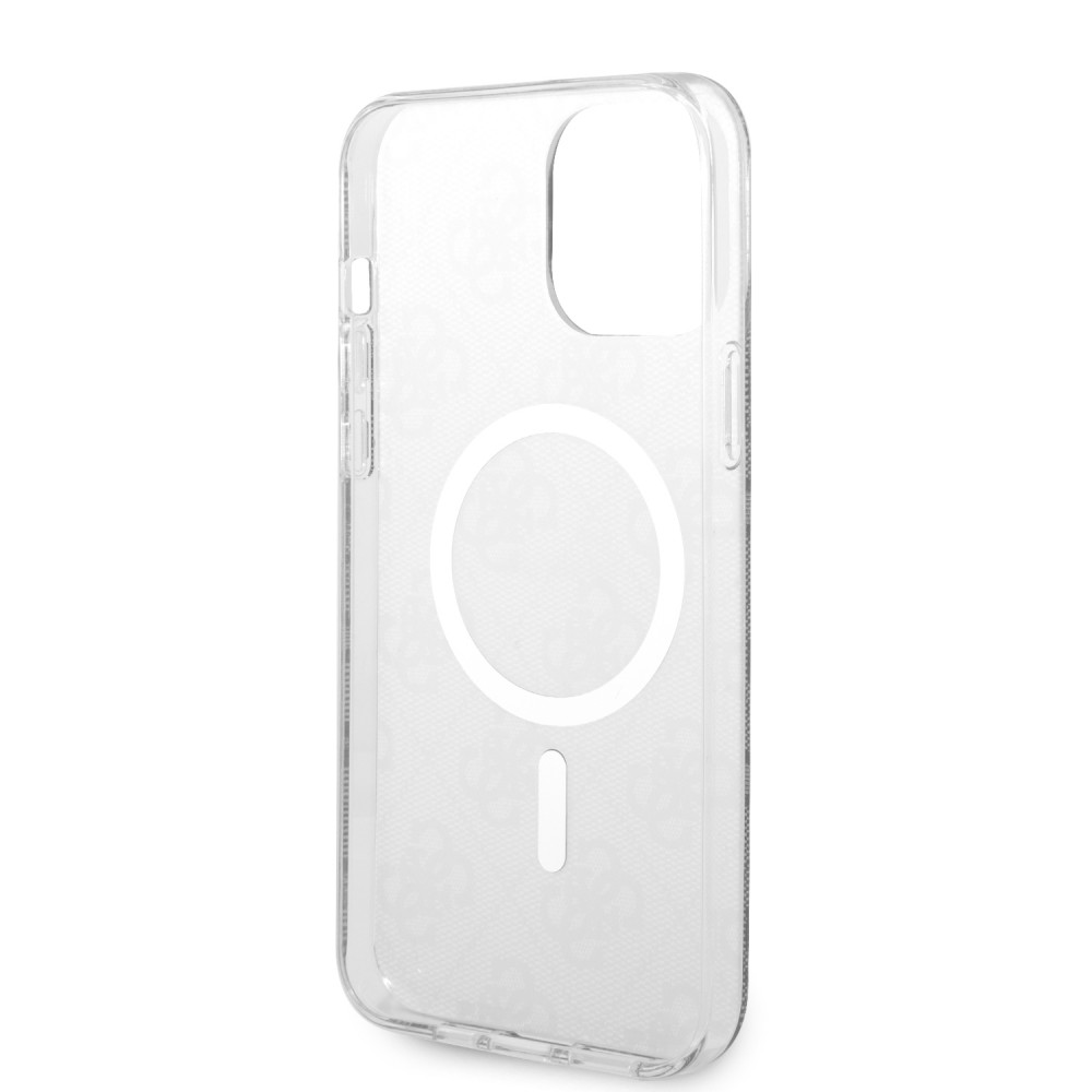 Coque iPhone 13 Pro Max - Guess monogramme laqué avec MagSafe doré - Gris