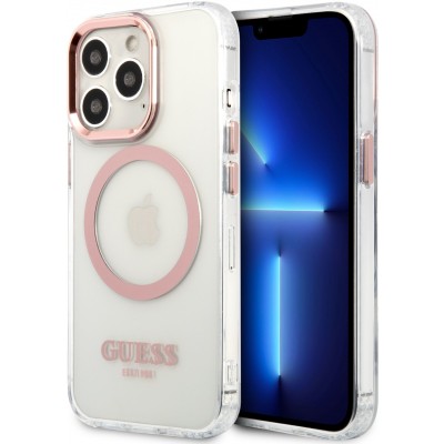 Coque iPhone 14 Pro Max - Guess silicone rigide avec MagSafe en rose - Transparent