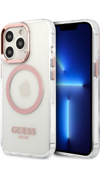 Coque iPhone 14 Pro - Guess silicone rigide avec MagSafe en rose - Transparent