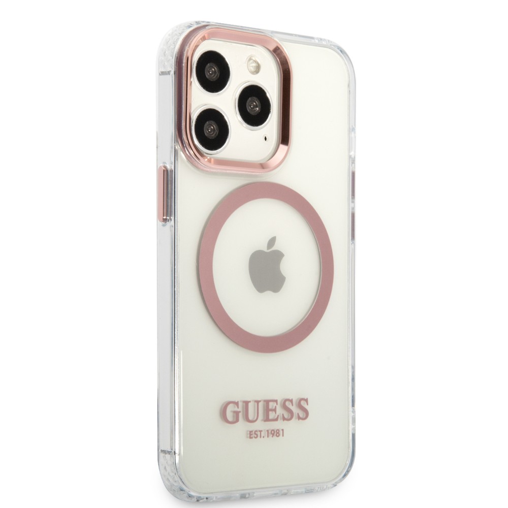 Coque iPhone 14 Pro - Guess silicone rigide avec MagSafe en rose - Transparent
