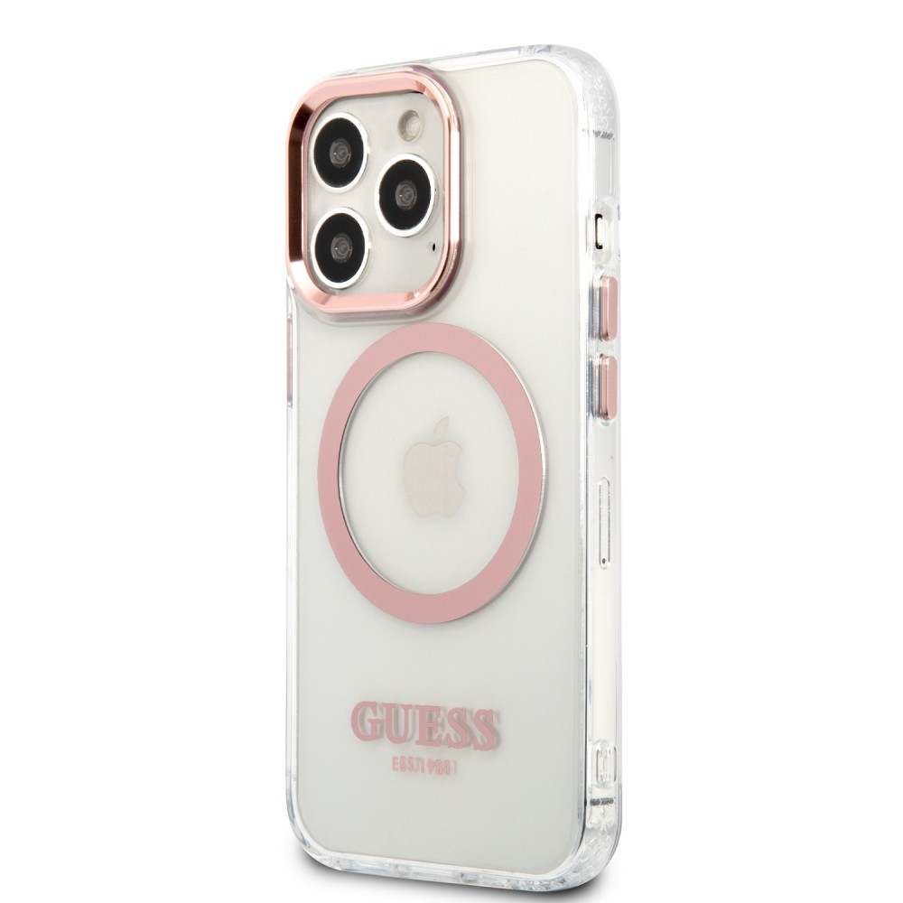 Coque iPhone 14 Pro - Guess silicone rigide avec MagSafe en rose - Transparent
