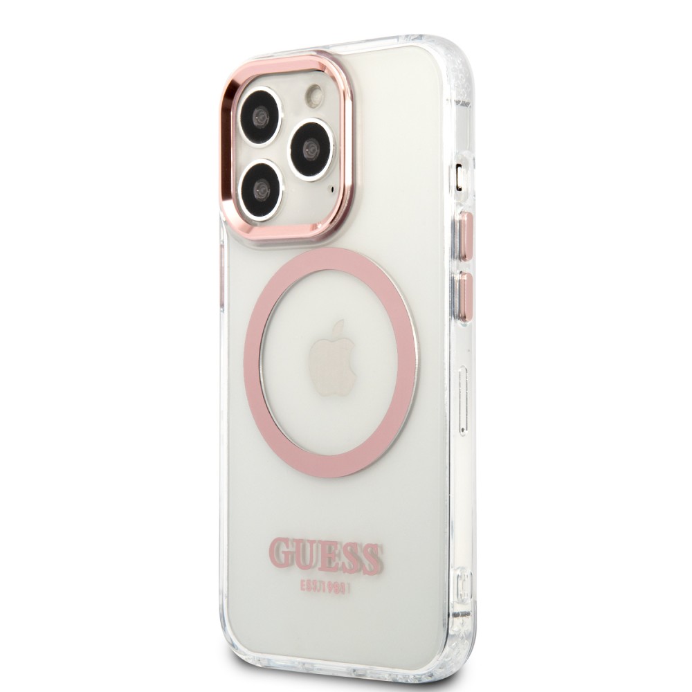 Coque iPhone 14 Pro Max - Guess silicone rigide avec MagSafe en rose - Transparent