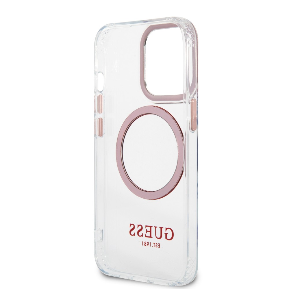 Coque iPhone 14 Pro Max - Guess silicone rigide avec MagSafe en rose - Transparent