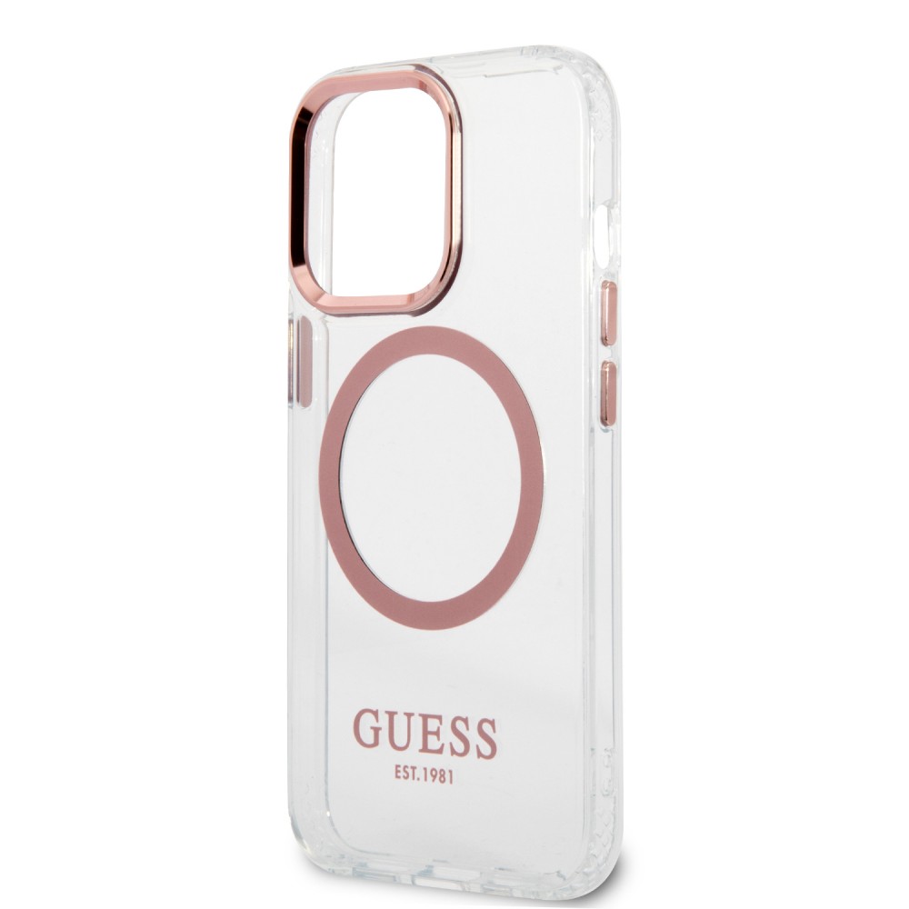 Coque iPhone 14 Pro Max - Guess silicone rigide avec MagSafe en rose - Transparent