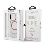 Coque iPhone 14 Pro Max - Guess silicone rigide avec MagSafe en rose - Transparent