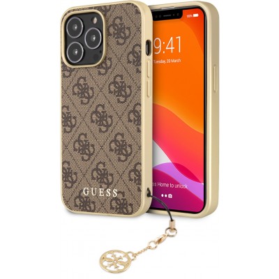 iPhone 13 Pro Max Case Hülle - Guess Leinwand Kunstleder Monogramm goldenen Metall-Logo mit Charm Anhänger - Braun / gold