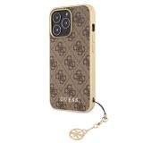 iPhone 13 Pro Max Case Hülle - Guess Leinwand Kunstleder Monogramm goldenen Metall-Logo mit Charm Anhänger - Braun / gold