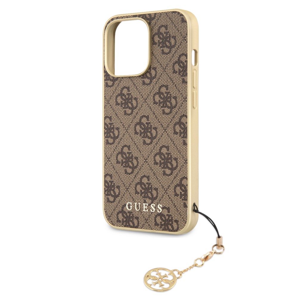 iPhone 13 Pro Max Case Hülle - Guess Leinwand Kunstleder Monogramm goldenen Metall-Logo mit Charm Anhänger - Braun / gold