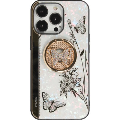 iPhone 13 Pro Max Case Hülle - Perlmutt Schmetterling Strass mit Videounterstützung - Weiss